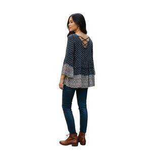 American Eagle Outfitters Blue & Tan Long Sleeve Bohemian Y2K Blouse size Medium